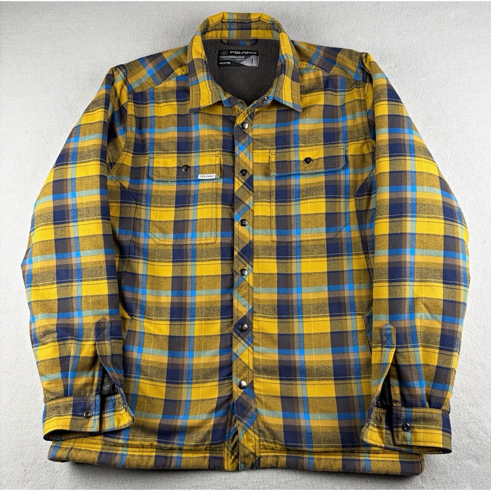Polaris Plaid Fleece-Lined Snap/Button Front Jacket Men's L Yellow Blue Gray